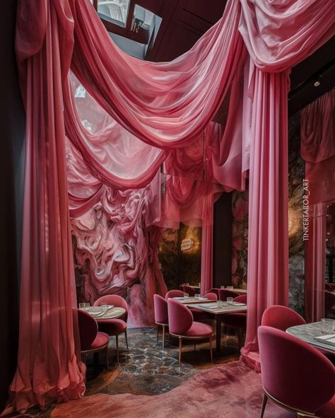 Pink Drapes Party, 80s Miami Aesthetic Bedroom, Drapes On Walls, Fabric Draped Walls, Dreamy Interior Design, Hedonistic Disco Interior Design, Burlesque Interior, Burlesque Decor, Draped Walls