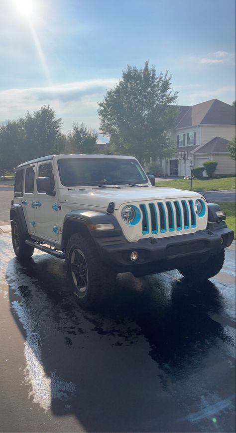 White Jeep Wrangler With Blue Accents, Royal Blue Jeep Wrangler, White Jeep With Blue Accents, Black Jeep With Blue Accents, White Jeep With Teal Accents, Light Blue Jeep, Cars For Teenage Girls, All Black Jeep, Blue Jeep Wrangler