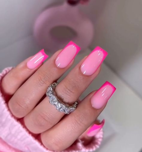 Hot Pink Nails With French Tip, Pink Nails With Hot Pink Tip, Pink Nails With Hot Pink French Tip, Fuschia Nails French Tip, Bright Pink Tip Nails, Fuschia French Tip Nails, French Barbie Nails, French Tip Barbie Nails, Hot Pink French Nails Square