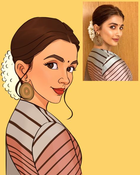 Cartoon style digital portrait / caricature illustration of beautiful Actress Pooja Hegde Simple Fanart, Portrait Illustration Digital, Custom Illustrated Family Portrait, Digital Art Tutorial Beginner, Caricature Illustration, Basic Sketching, Figure Sketches, Daily Illustration, Vector Portrait Illustration