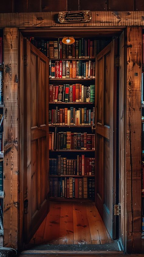 Secret Bookcase Door: A hidden gem in a cozy room, a secret door disguised perfectly as a bookshelf awaits. #secret #bookcase #door #hidden #passage #aiart #aiphoto #stockcake ⬇️ Download and 📝 Prompt 👉 https://ayr.app/l/Uzuf Hidden Room Bookcase Door, Secret Library Room, Secret Door Bookshelf, Secret Bookcase Door, Secret Bookshelf Door, Library Door, Secret Rooms In Houses, Home Library Design Ideas, Secret Library