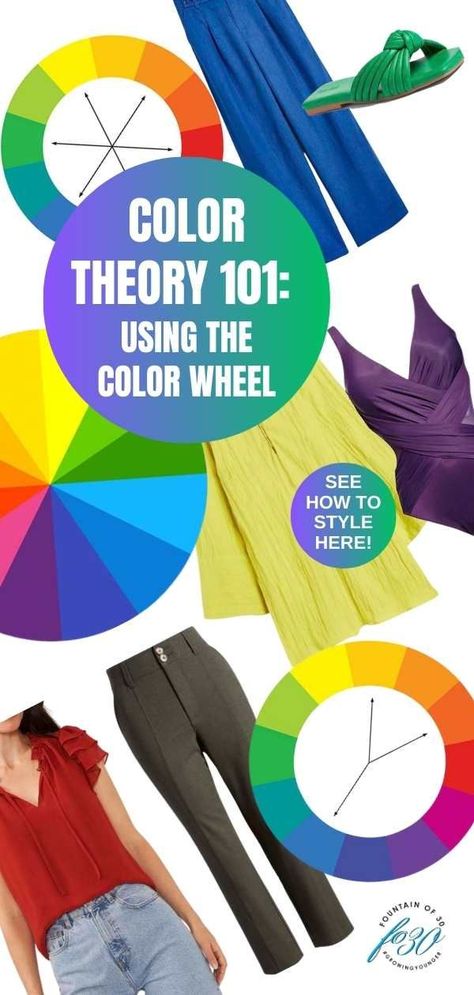 Using color theory and the color wheel for clothes to create interesting, harmonious outfits takes your ensembles from good to great. #colortheory #fashion #style #styletips Clothing Color Wheel, Clothing Color Wheel Style, Colour Theory For Clothes, Color Wheel Matching Clothes, Color Wheel For Clothes Outfits, Color Wheel Clothes, Color Wheel Outfits, Colour Wheel Fashion, Color Wheel Dressing