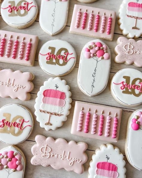 Knoxville Custom Cookies (@gussiedupcookieco) • Instagram photos and videos Pink Sweet 16, Happy Birthday Cookie, Cookie Craft, Pink Cookies, Sugar Cookie Royal Icing, Sugar Cookie Icing, Iced Sugar Cookies, Cookie Business, Sugar Cookie Designs