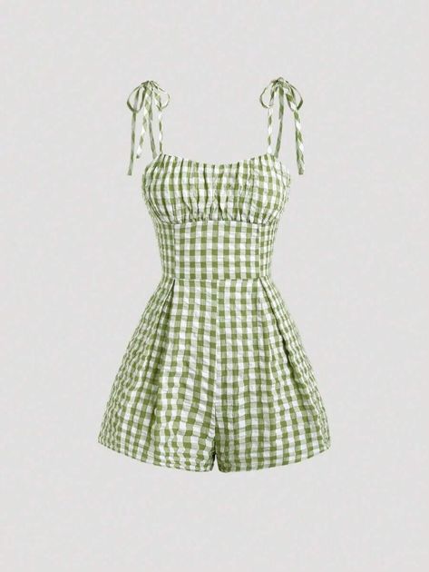 SHEIN MOD Plaid Short Strap Jumpsuit For Summer Casual Vacation | SHEIN USA Easy Diy Clothes, Straps Jumpsuit, 80s Outfit, Easy Trendy Outfits, Green Outfit, Short Jumpsuit, Edgy Outfits, Stage Outfits, Girly Outfits