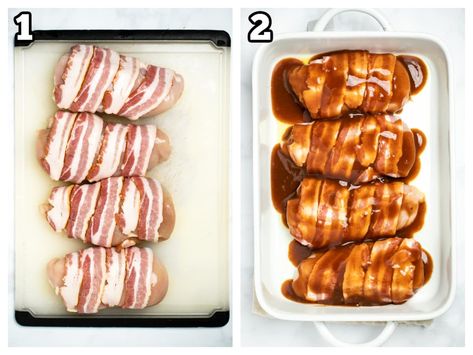 BBQ Bacon Wrapped Chicken Breasts will be one of your new favorite chicken dinners, made with juicy chicken breast wrapped in savory bacon and smothered in your favorite BBQ sauce, ready in under an hour! Chicken Bacon Bbq Recipes, Bacon Wrapped Chicken Breast Oven, Oven Bbq Chicken Breast, Bbq Bacon Chicken, Bacon Wrapped Bbq Chicken, Oven Bbq Chicken, Bacon Wrapped Chicken Breast, Juicy Chicken Breast, Bbq Chicken Wraps