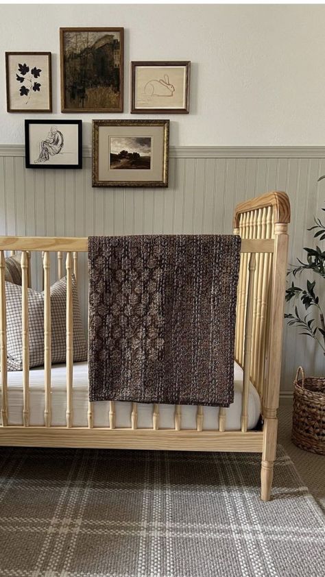 Crib In Middle Of Nursery, Arch Digest Nursery, Nursery Wood Paneling, Minimal Nursery Ideas, Simple Gender Neutral Nursery, Vintage Gender Neutral Nursery, Beadboard Nursery, Organic Modern Nursery, Nursery Corner