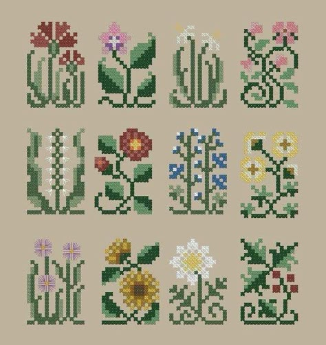 Alpha Patterns Crochet Flower, Mini Flower Cross Stitch, Cross Stitch Flowers Simple, Flower Grid Pattern, Flower Cross Stitch, Tiny Cross Stitch, Fair Isle Knitting Patterns, Tapestry Crochet Patterns, Cross Stitch Patterns Flowers