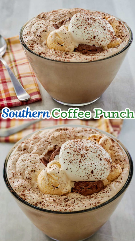 Southern coffee punch is great for showers, brunches, book clubs and more. It is a fun sweet coffee based drink that is perfect for a party! Cold Coffee Punch Recipe, Coffee Mixed Drinks Cocktails, Coffee Punch Recipes With Ice Cream, Mocha Punch With Ice Cream, Drinks With Half And Half, Mud Slide Drink Recipe Easy, Coffee Punch Recipes Easy, Christmas Coffee Punch, Coffee Punch With Ice Cream