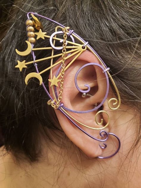 Moon and Stars Lavender, Gold COLOR Cuff, Cosplay, Ear Cuff, Clip On Earring, Wood Elf, Fairies, Fantasy Wedding, - Etsy Polska Ear Cuff Diy, Fairy Costume Diy, Wizard Staff, Elf Ear Cuff, Fairy Festival, Clip On Earring, Accessories Ear, Wood Elf, Elf Ears