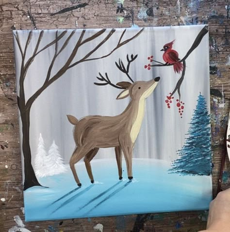 Mini Acrylic Christmas Paintings, Christmas Painting Canvas Ideas, How To Draw A Deer, Friends Acrylic Painting, Christmas Painting Ideas Easy, Cardinal Painting, Winter Friends, Deer Painting, Christmas Paintings On Canvas