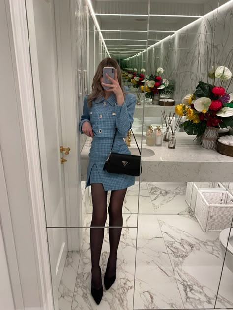 Chanel Modest Outfit, Chanel Ambassador Outfit, Chanel Skirt And Blazer, Chanel Outfit Winter, Blue Chanel Dress, Chanel Oberlin Inspired Outfits, Chanel Women Outfit, Chanel Oberlin Outfit Style, Blue Chanel Outfit