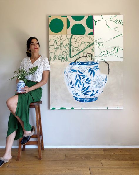 Artist Nadia Jaber next to her painting Floral Arrangement n.3 Graphic Shapes, My Last, Acrylic Paint, Painter