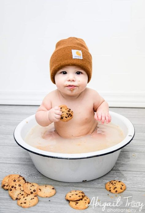 Cookie And Milk Photoshoot, Cookie Themed First Birthday, Cookies And Milk Photoshoot, Cookie Smash Cake, Half Birthday Photoshoot, Milk Bath Photos, Adult Cake Smash, Baby Boy Cookies, Cookie Birthday