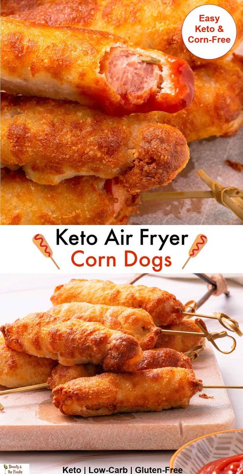 Keto Air Fryer Corn Dogs Air Fryer Keto Lasagna, Hot Keto Meals, Low Carb No Cook Meals, Keto Deep Fryer Recipes, Keto Hotdogs Recipes, Air Fryer Carnivore, Keto Chalaffles, What To Do With Hot Dogs, Airfryer Low Carb Recipes