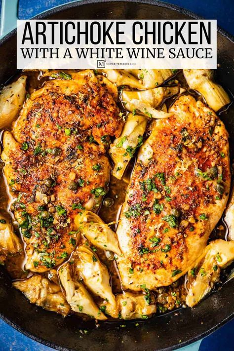 Baked Chicken Breasts in an Artichoke and White Wine Sauce Chicken Artichoke Recipes, Lemon Artichoke Chicken, Easy Weeknight Chicken, Artichoke Heart Recipes, Chicken Wine, Mediterranean Dining, Baked Chicken Breasts, Complete Meals, Weeknight Chicken