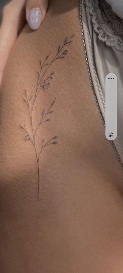 Flower Bouquet With Word Stem Tattoo, Subtle Hip Tattoo, Gentle Flower Tattoo, Hip Crease Tattoos Women, Back Tattoo For Women Elegant, Elegant Hip Tattoo, Simplistic Nature Tattoo, Simplistic Back Tattoos, Leaves Fine Line Tattoo