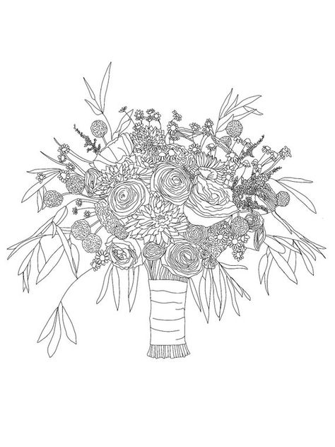 Bouquet Line Drawing, Line Drawing Wedding, Bouquet Drawing, Flower Bouquet Drawing, Wedding Artwork, Photos Flowers, Bouquet Tattoo, Custom Bouquet, Bouquet Flower