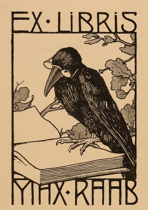 Artist unknown, Art-exlibris.net Exlibris Ideas, Illustrations Simple, Bookplate Design, Raven Art, Crows Ravens, Book Stamp, Ex Libris, Kraken, Book Plates