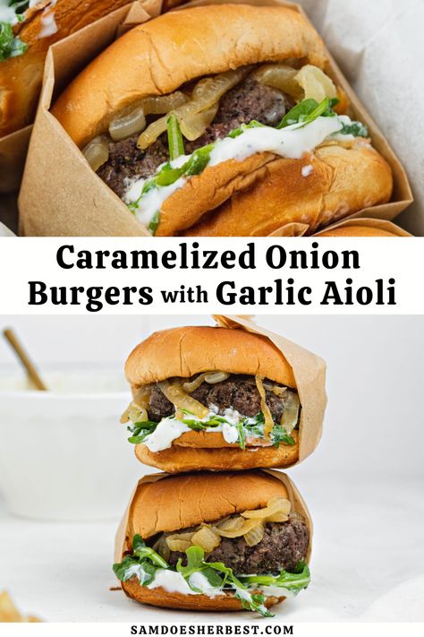 These caramelized onion burgers are incredibly juicy and flavorful! They even include a simple, yet delicious garlic aioli that will blow your socks off. Make these caramelized onion burgers for your next date night-in or dinner party - this restaurant-quality recipe is a total crowd-favorite! Gourmet Burgers Recipes, Onion Burgers, Garlic Aioli Recipe, Carmelized Onions, Onion Burger, Aioli Recipe, Dairy Free Dinner, Garlic Aioli, Homemade Burgers