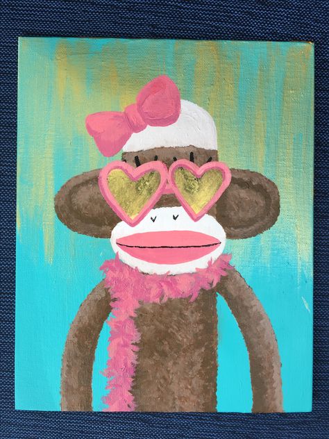 Paintings To Do With Boyfriend, Sock Monkey Drawing, Sock Monkey Painting, Monkey Painting Easy, Cute Monkey Painting, Monkey Painting Ideas, Monkey Painting Acrylic Easy, Monkey Canvas Painting, Monkey Oil Painting