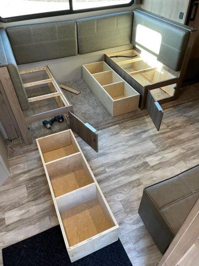 Bench Seat Storage, Rv Dinette, Sliding Drawer, Pocket Screws, Woodworking Supplies, Central California, Seat Storage, Grand Designs, Cupboard Doors