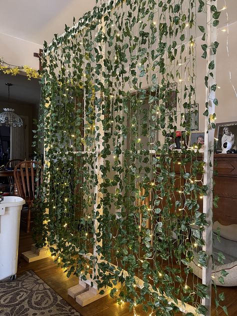 Ivy And String Lights Wall, Fairy Light And Vine Wall, Ivy Curtain Lights, Fairy Lights And Vines Chain Screen, Curtain Leaf String Lights, Vine Curtain, Fairy Lights In Trees, Magical Room, Hanging Room Dividers