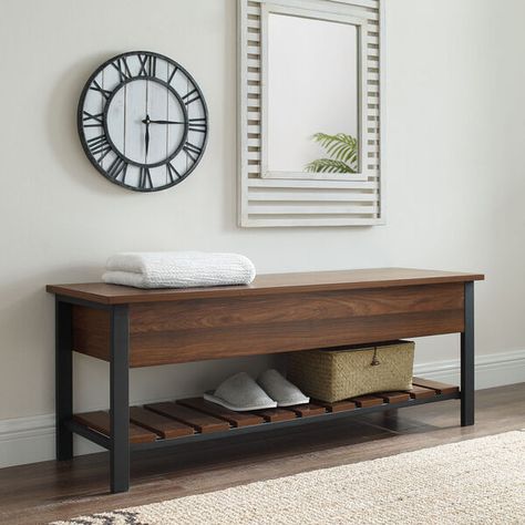 Walker Edison Furniture Co. Dark Walnut 48-Inch Storage Bench B48PCSBDW | Bellacor Shoe Rack With Seating Entryway Ideas, Shoe Rack With Seating, Entryway Ideas Farmhouse, Shoe Storage Dimensions, Hallway Organization, Slatted Shelves, Walker Edison Furniture, Wood Storage Bench, Entryway Shoe Storage