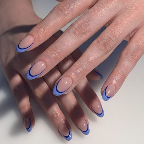 blue french nails Two Tone French Tip Nails Blue, Blue On Blue French Tip Nails, Two Tone French Tip Nails, Blue French Nails, Blue Prom Nails, Black French Nails, Almond Nails French, Classy Nail Art, French Nail Designs