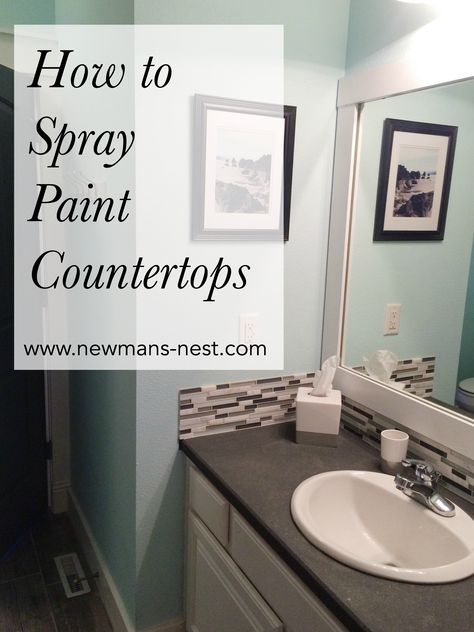 For our guest bathroom, I wanted an inexpensive upgrade that would completely change the current countertops, so I had begun the online search of methods to fill this. I found a tutorial on Pinter… Spray Paint Countertops, Paint Countertops, How To Spray Paint, Painting Countertops, Apartment Decoration, Bathroom Counters, Bathroom Counter, Bathroom Countertops, Bathroom Redo