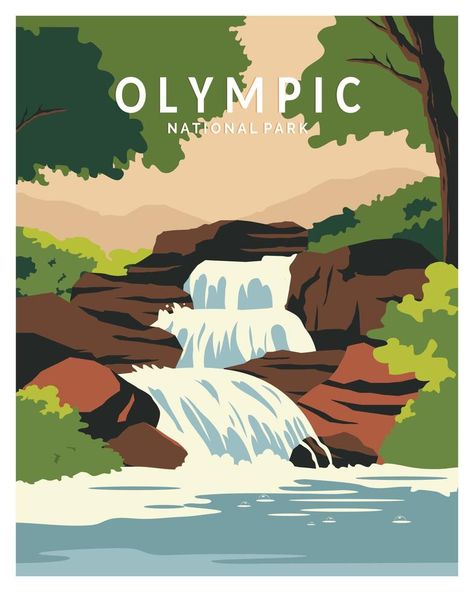 Olympic National Park waterfall Vector Illustration Background. Travel to State Washington. vector illustration with minimalist, style for poster, postcard. Parking Spot Painting, Washington Art, Olympic National Park Washington, Advertisement Poster, Washington Travel, Waterfall Art, Waterfall Design, American Illustration, Illustration Background