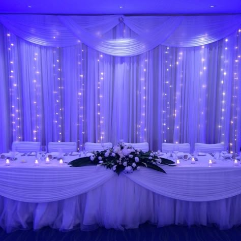 Quince Background Decorations, Celestial Theme Quinceanera, Balloon Backdrop With Lights, Tables For Quinceanera, Purple Quince Main Table, Main Table For Quinceanera, Quinceanera Main Table Ideas Purple, Quince Main Table Ideas Purple, Quinceanera Main Table Ideas Blue