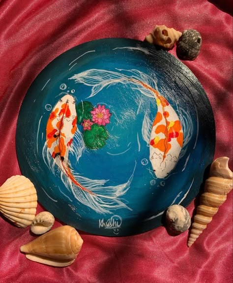 Circular Canvas Painting, Round Canvas Painting, Koi Painting, Round Painting, Circular Canvas, Pond Painting, Gold Art Painting, Circle Canvas, Canvas Art Projects