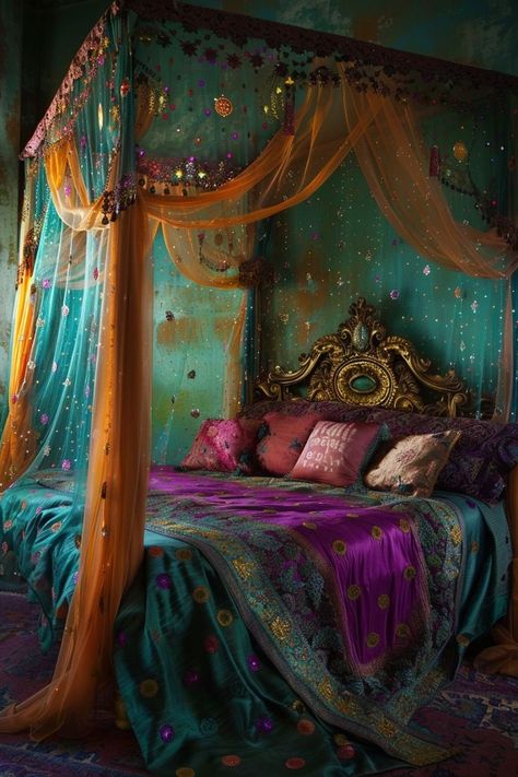 Gypsycore Room, Dark Boho Bedroom, Moroccan Inspired Bedroom, Jewel Tone Bedroom, Whimsical Room, Bedroom Decorating Tips, Canopy Bed Frame, Romantic Bedroom Decor, House Interior Design Styles