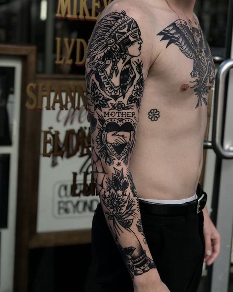 Many Tattoos, Heart Tat, Traditional Heart, Tattoo Sleeve Filler, Traditional Black Tattoo, Traditional Sleeve, Traditional Tattoo Sleeve, Tattoos Geometric, Tattoo Traditional