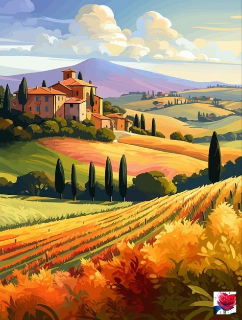 Poster Color Painting, Tuscany Landscape, Italy Landscape, Italian Landscape, African Art Paintings, Anime Backgrounds, Landscape Quilts, Draw Sketch, Nature Art Painting