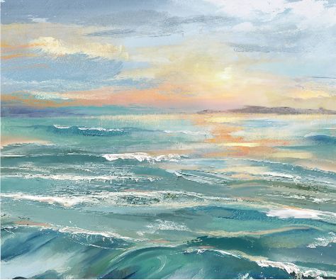 This painting (print on canvas) could be a sunset or sunrise over the sea, casting a beautiful light. Featured on Completely Coastal. Ocean Art Painting, Sea Wall Art, Sea Painting, Sea Art, Ocean Painting, Coastal Art, Painting Art Projects, Seascape Paintings, Ocean Art