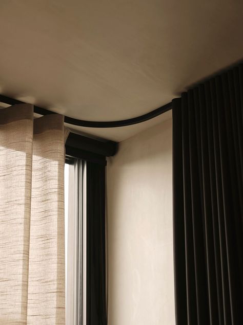 Bay Window Ceiling Mount Curtain Rod, Industrial Window Coverings, Curtain As Room Divider, Ceiling Hung Curtains, Corner Window Ideas, Recessed Curtain Track, Curtain Tracks Ceiling, Elegant Room Divider, Curtain Solutions