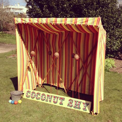 coconut shy Fun Fair Wedding, Coconut Stand, Coconut Shy, Vintage Fairground, Guest Entertainment, Fete Ideas, Entertainment Wedding, Pop Up Gazebo, Village Fete