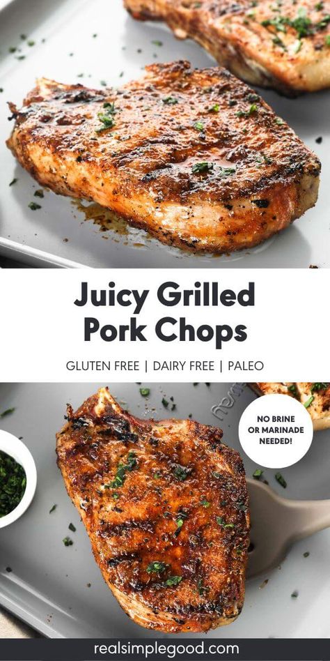 Grilling is the best way to cook bone-in pork chops, and you'll be amazed by how juicy these grilled pork chops turn out without any brine or marinade. Just a simple seasoning mix and the perfect cooking temperature will give you flavorful and juicy pork chops every time. Gluten-free and low-carb friendly, the perfect quick and easy weeknight grilling recipe. | Real Simple Good via @realsimplegood Grill Pork Chops Bone In, Bone In Grilled Pork Chops, Grilled Pork Chop Recipes Boneless Dry Rubs, Pork Chop Seasoning Grilled, Moist Grilled Pork Chops, How To Grill Pork Chops On Gas Grill, Pork Chop Recipes On Grill, Pork Chop On Grill, Easy Grilled Pork Chop Recipes