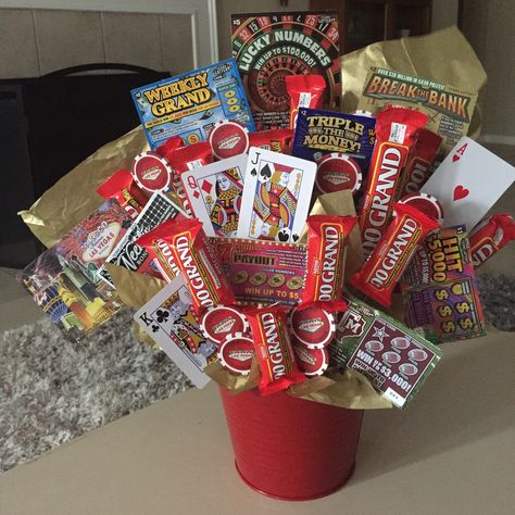 Vegas retirement party Vegas Theme Retirement Party, Casino Night Party Gifts, Casino Basket Ideas, Vegas Retirement Party Ideas, Vegas Birthday Party Ideas, Casino Retirement Party Ideas, Casino Theme Retirement Party, Casino Party Prizes, Euchre Party Ideas