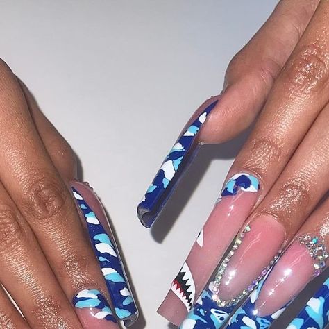 South FL nailtech 🍯💅🏾 on Instagram: "💙🩵 BAPE NAILS 🦍🦈✨

💙

🦍

•

•

#bape #bapenails #abathingape #streetwear #bluenails #frenchnails #blingnails #camonails #fashionnails #nailtrends #newnails #browardnails #southfloridanails #nailinspo #baddienails #extendonails #xlnails #explore" Bape Nails, Nails Blue, Long Acrylic, Nail Games, Long Acrylic Nails, Blue Nails, Acrylic Nails, Nails, On Instagram