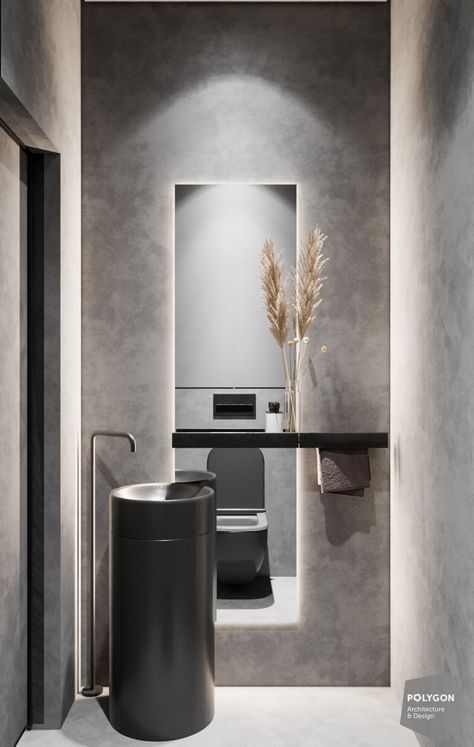 BLACK AND WHITE MINIMALISM Restroom Design, Baths Interior, Washbasin Design, Bathroom Inspiration Modern, Guest Toilet, Washroom Design, Mirror Bathroom, Bathroom Design Inspiration, Bathroom Design Decor