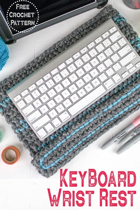 Crochet this quick and easy keyboard wrist rest with the free crochet pattern by Winding Road Crochet. This is the perfect home decor item to add color to your office and keep you from getting sore while typing. Perfect gift for men and for women. #quickcrochet #crochethomedecor Crochet Gadgets, Gifts For Teenage Guys, Winding Road Crochet, Quick Crochet Gifts, Keyboard Wrist Rest, Crochet Case, Basic Stitches, Crochet Gift, Wrist Rest