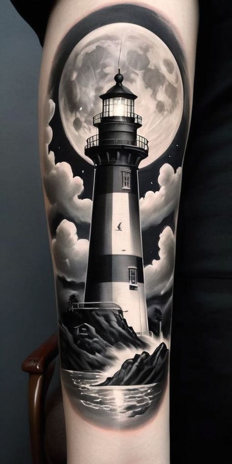 Lighthouse Waves Tattoo, Moon Realistic Tattoo, Nautical Map Tattoo Design, Light House Tattoo Design, Merman Tattoo, Lighthouse Tattoo Design, Light House Tattoo, Biker Tattoos Designs, Traditional Lighthouse Tattoo