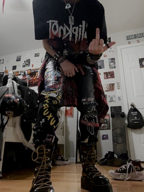 new pants + new boots Metallic Outfit Men, Pin Stripe Pants Outfit, Crust Punk Fashion, Emo Outfits Men, Emo Punk Outfits, Metalhead Outfits, Metallic Outfit, Graphic Pants, Outfit Generator