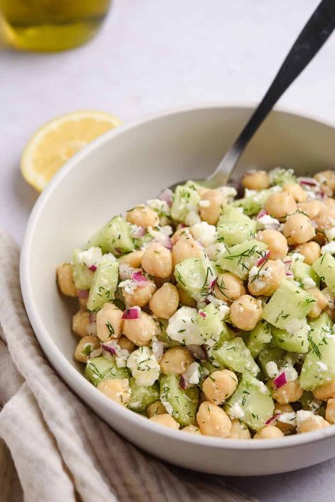 Chickpea Cucumber Feta Salad - Real Greek Recipes Lemony Chickpea Feta Salad, Greek Yogurt Chickpea Salad, Garbanzo Cucumber Salad, Non Processed Food Recipes Clean Eating, Ways To Eat Chickpeas, Afternoon Snack Ideas For Adults, Cucumber And Feta Salad, Quick And Easy Potluck Recipes, Greek Bean Salad