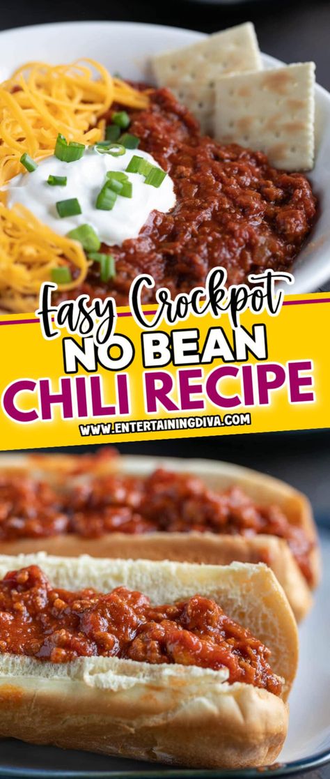 Made with ground beef or ground turkey, this no bean crockpot chili recipe is so comforting, easy and satiating. It's the perfect dish for a potluck dinner or football party menu. No Bean Chili Recipes, No Bean Turkey Chili, Football Party Menu, Chili No Beans, Chili Easy, Beans In Crockpot, Bean Chili Recipe, Cooking Onions, Potluck Dinner