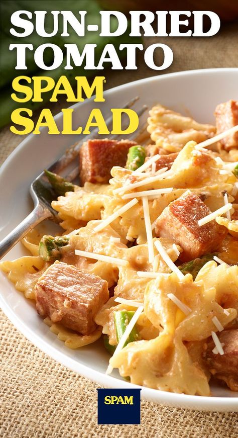 While you sun dry this summer, so does this pasta. Enjoy SPAM®️️ Less Sodium and fresh asparagus spears over bow-tie pasta, lightly dressed in a sun-dried tomato Alfredo sauce.  | SPAM®️️ Brand | Sun-Dried SPAM®️️ Pasta | Quick and Easy Meals | Pasta Recipes | Spam And Pasta Recipes, Spam Pasta Recipes, Easy Meals Pasta, Spam Pasta, Spam Dishes, Spam Meals, Tomato Alfredo Sauce, Spam Ideas, Meals Pasta