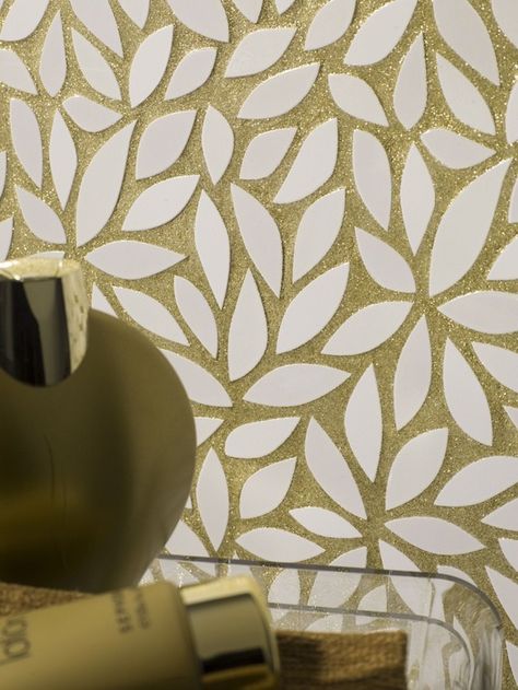 I love the look of glitter grout paired with this leaf-y tile. Kind of ends up looking like retro wallpaper. (Image courtesy of SarahAkwisombe.com Gold Grout, Crackle Glaze Tiles, Backsplash With White Cabinets, Glitter Grout, Backsplash With Dark Cabinets, Unsanded Grout, Coloured Grout, Black Interior Doors, Glitter Bomb