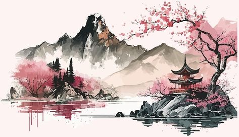 Temple Poster, Chinese Background, Feudal Japan, Japan Landscape, Japanese Wall Art, Japanese Landscape, Art Minimaliste, Japanese Architecture, Art Japonais